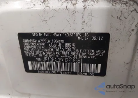 2013 Subaru Impreza 2.0I Premium from USA, damaged, VIN JF1GPAC6XD2218561